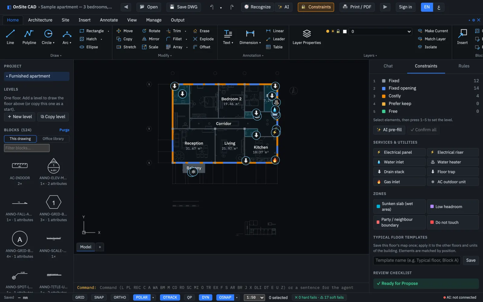 Constraints mode: walls coloured by what may change, services and zones palettes